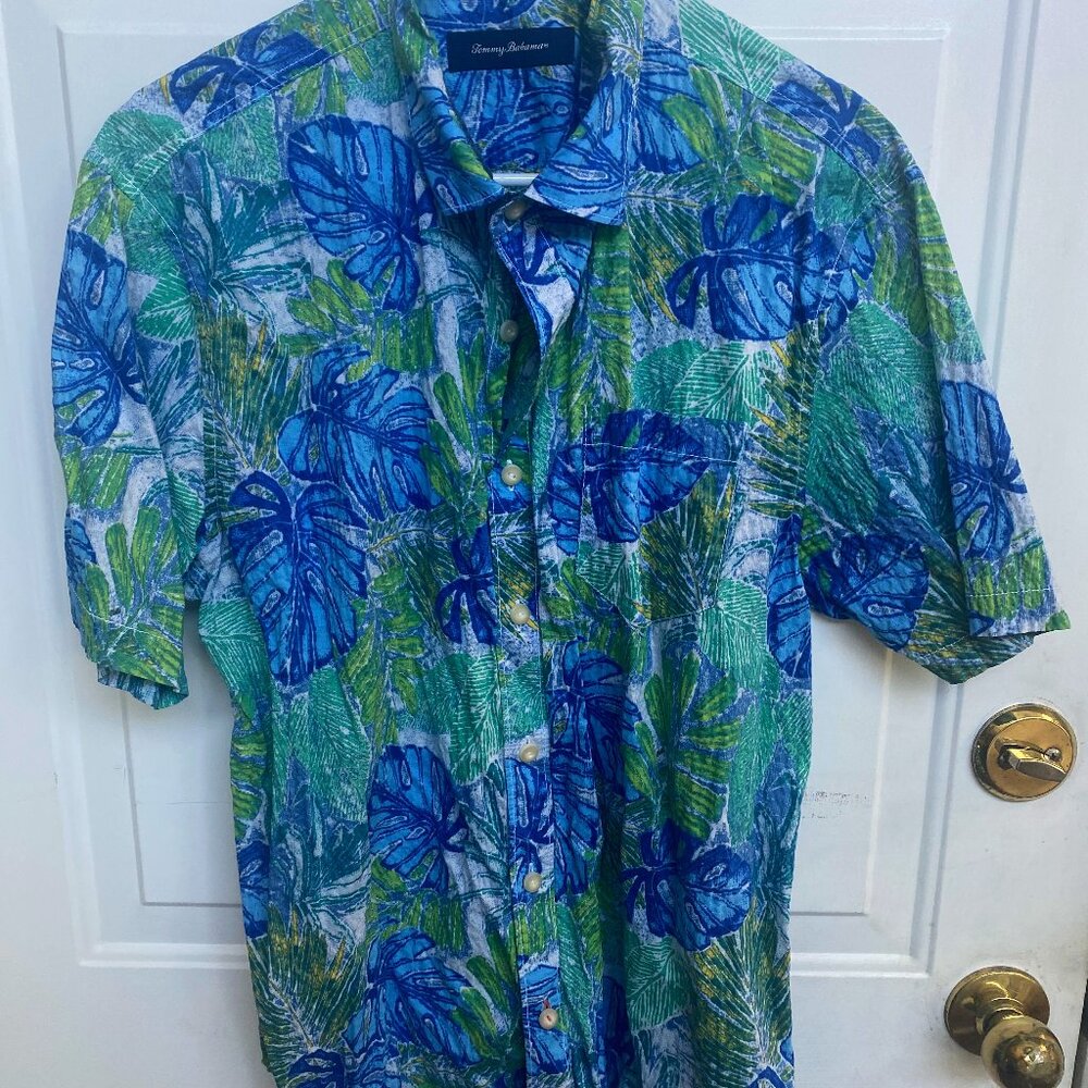 Tommy Bahama Shirt Men’s L Blue Green Tropical Short Sleeve Button Down Shirt